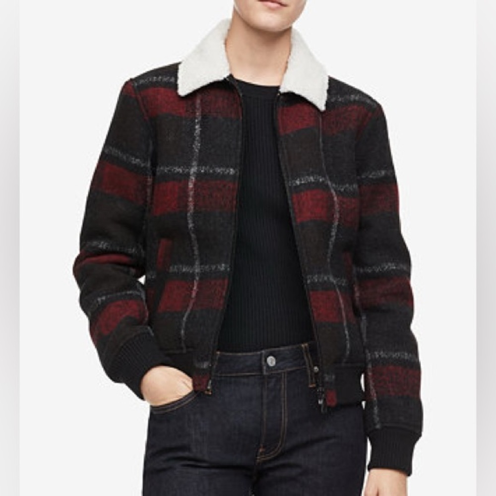 Calvin Klein Plaid Sherpa Jacket Wool Blend Chore Coat Women M Tango Red New